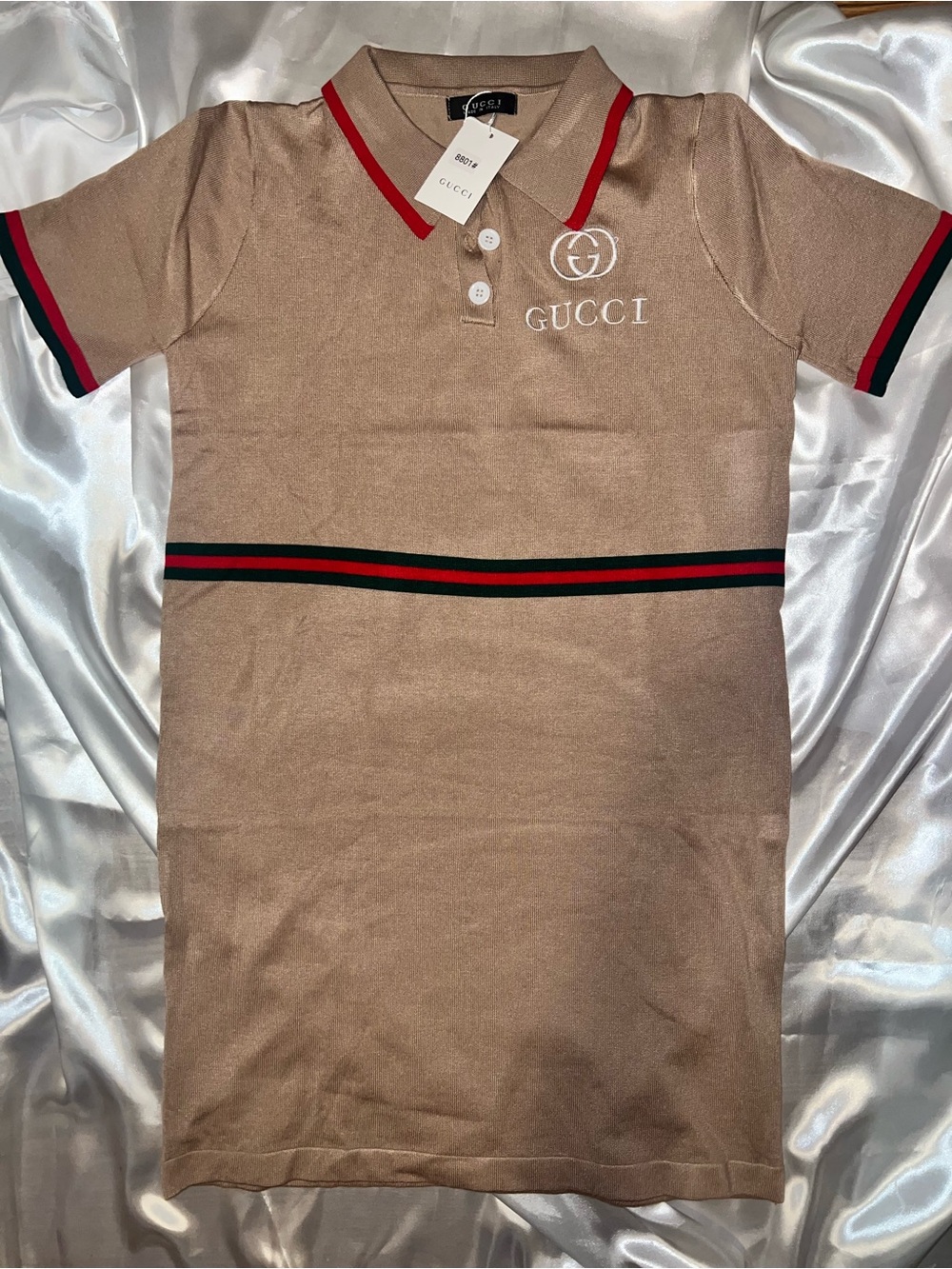 G-Beige Polo Dress with Red and Green Stripe Accents
